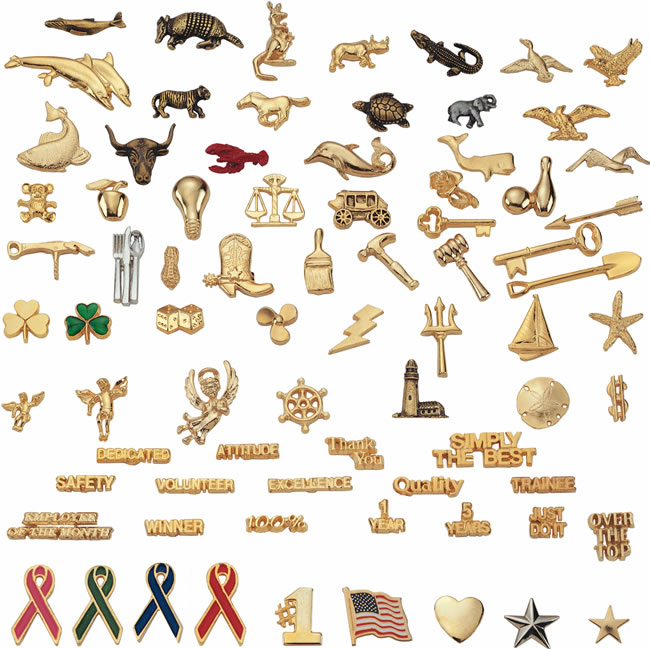 stock lapel pins - everything from Apples to zebras